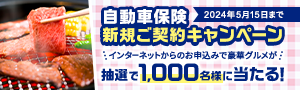 自動車保険新規ご契約キャンペーン 2024年5月15日まで。 キャンペーン期間中に、インターネットからスーパー自動車保険を新規ご契約をされた方へ抽選で賞品をプレゼント。
